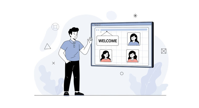 Man welcomes new team members via video conference call, concept of onboarding and remote collaboration.