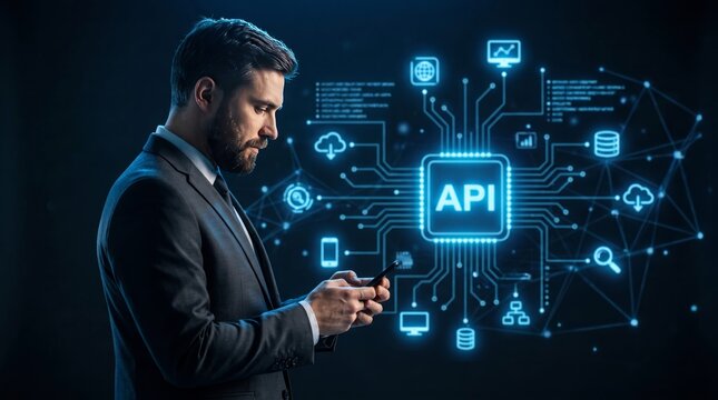 Professional businessman in a sharp dark suit holds a smartphone while interacting with glowing blue digital api network interface holographic projections