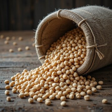 Compressed wooden biomass pellets pouring out of a jute sack onto a clean wooden surface