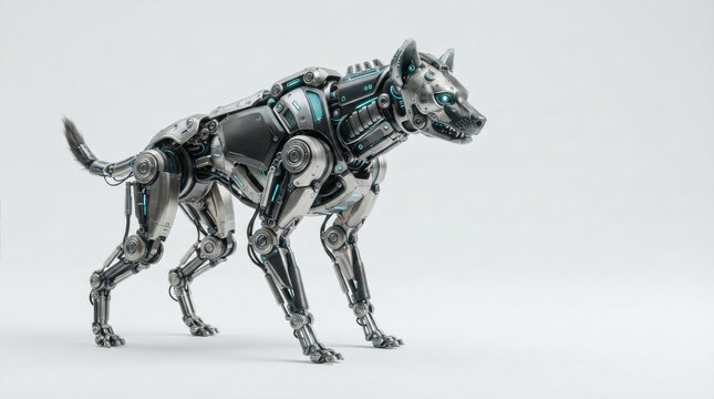 A futuristic robotic dog made of metallic parts standing in a studio setting against a plain light grey background