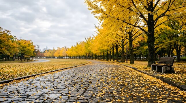 Vibrant autumn park path covered with fallen golden leaves and empty wooden benches under cloudy skies