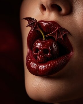 Surreal dark macro portrait of lips with Gothic vampire cherry skull and bat wings