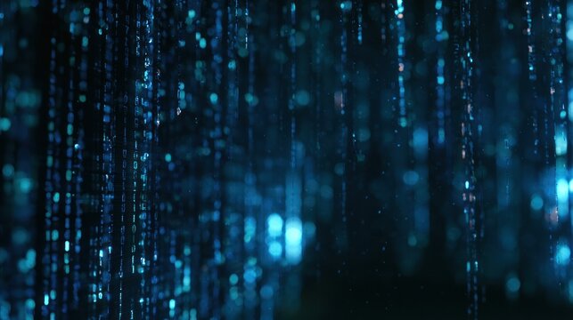 Abstract digital rain of blue binary code in a dark futuristic cyberspace