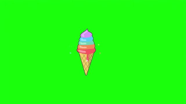 Soft serve ice cream in waffle cone with wafer stick vector illustration isolated on green screen.
