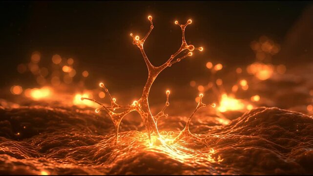 Branches of light extend and intertwine on a dark landscape, creating a dynamic display of movement and illumination over time.