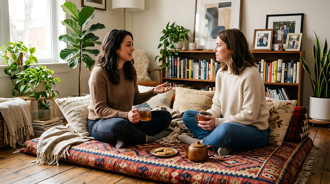 Two friends having an honest supportive conversation over cups of herbal tea while seated on a comfortable floor cushion rug