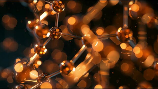 Molecules shift and change appearance with variations in light and reflections. The setting showcases intricate atomic structures in motion.