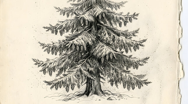 Vintage style christmas tree line drawing with pine cones