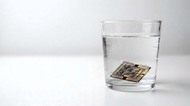 AI processor submerged in water illustrating liquid cooling technology for high-performance computing and data centers