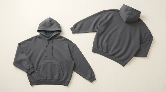 Blank charcoal grey oversized hoodie mockup front and back view flat lay on neutral background for streetwear apparel branding.