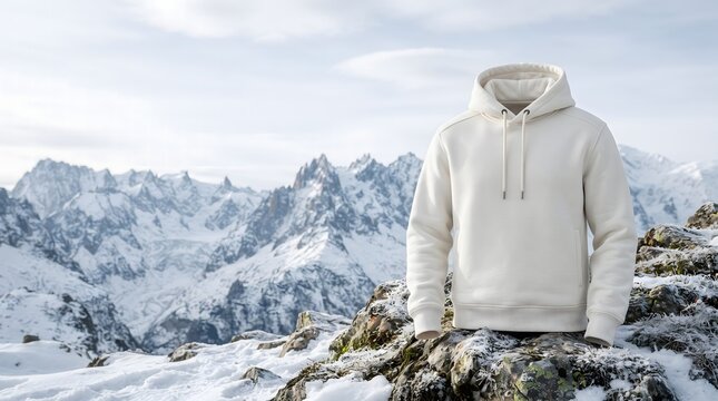 Blank white hooded sweatshirt mockup on snowy mountain rocks with winter alpine landscape background for outdoor apparel branding.