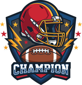 Champion American Football Team Mascot Logo Flat Vector Illustration, Bold Outline Sport League Emblem Badge Isolated
