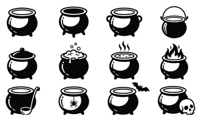 Fototapeta premium Magic Witch Cauldron Icon Set, Halloween Potion Pot Vector Silhouette Collection 