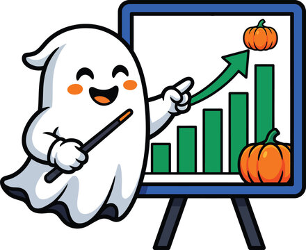 Cute Halloween Ghost Presenting Business Chart Flat Vector Illustration