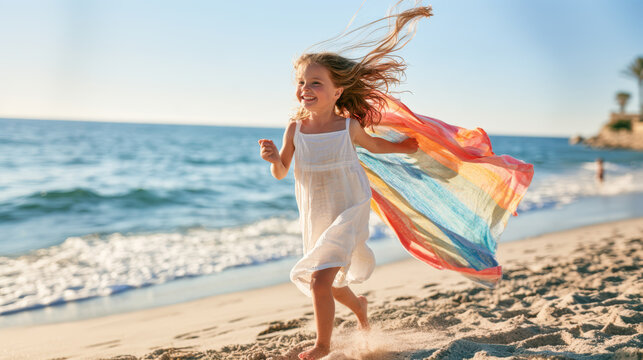 Little girl running on beach, enjoying summer freedom and carefree happiness with colorful scarf flying in wind