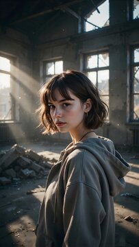 Retrato dram&aacute;tico de mujer joven en un edificio abandonado con rayos de luz solar entrando por las ventanas