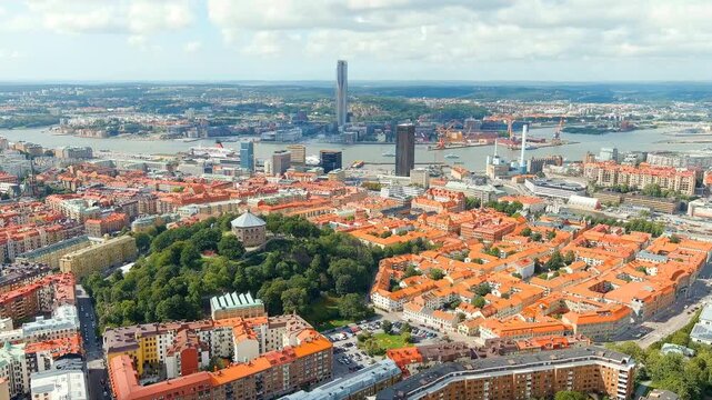 Gothenburg, Sweden. River Gota-Alv. Panoramic view of the central part of the city. Summer day. Cloudy weather. Drone footage