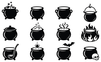 Fototapeta premium Magic Witch Cauldron and Potion Effects Silhouette Set, Halloween Magic Brew Pot Vector Collection 