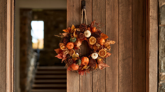 Rustic autumn wreath hanging on a wooden door, decorated with mini pumpkins, dried oranges, and pine cones