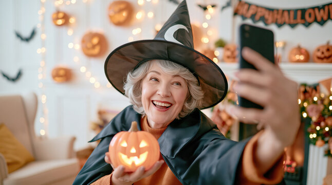 Senior woman in witch costume holding glowing jack-o'-lantern and taking halloween selfie on smartphone at home