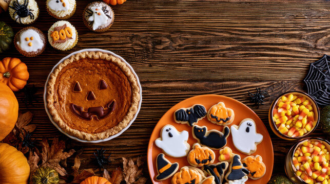 Halloween treats including pumpkin pie with jack-o'-lantern face, cupcakes, cookies, and candy corn on a wooden background