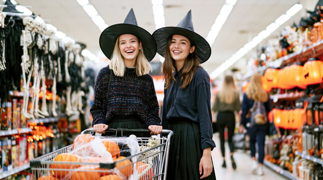 Two happy female friends shopping for halloween party supplies, selecting spooky decor in a store aisle