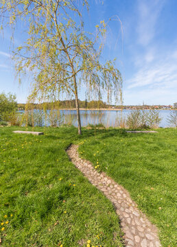 Stone path leading to a willow tree by a scenic lake
