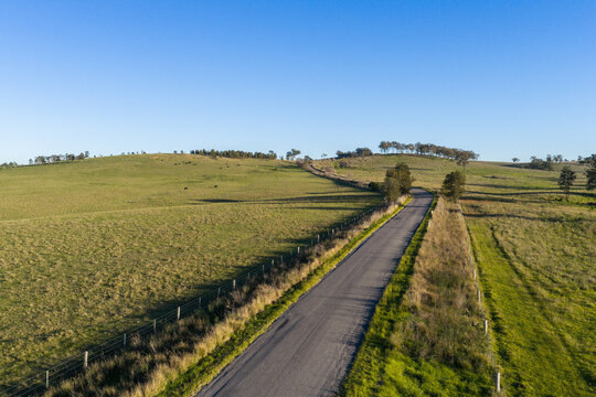 empty rural road winding over hills in green countryside on bright morning in the Hunter Valley