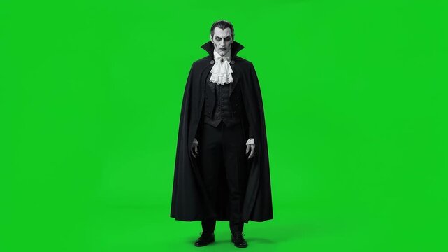 Angry vampire halloween green screen male costume dark cape gothic fantasy monster scary spooky evil horror villain blood undead cloak standing
