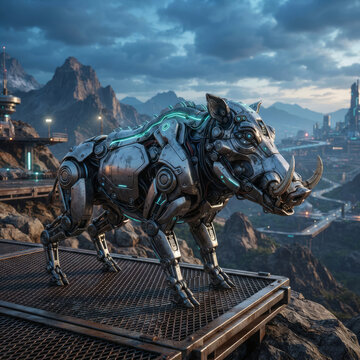 A mechanical robotic wild boar standing on a metal platform overlooking a futuristic landscape under a dramatic cloudy sky