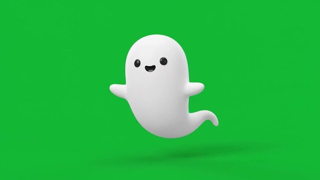 Cute white ghost smiling happy Halloween green screen background autumn scary holiday festival spooky monster floating fun icon symbol design vector