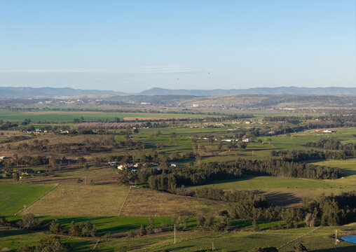 aerial landscape of properties and farmland with scattered trees in the Hunter Valley