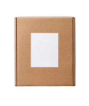 Cardboard shipping box with blank white label isolated on transparent background