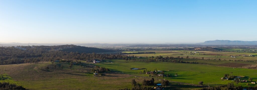 aerial landscape of properties and farmland with scattered trees in the Hunter Valley