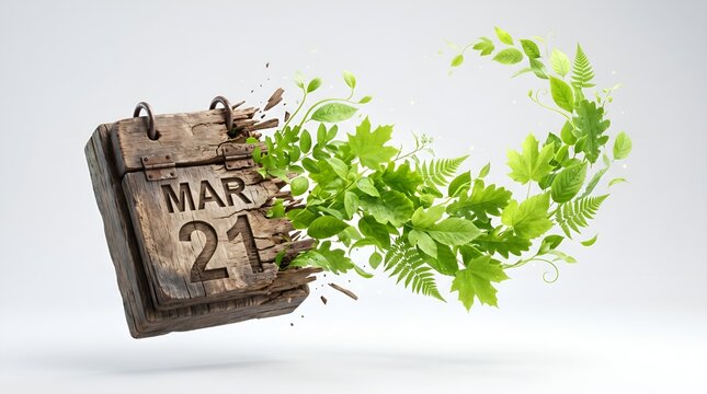 Wooden calendar block morphing into floating green leaves representing self renewal, new beginnings, and fresh start