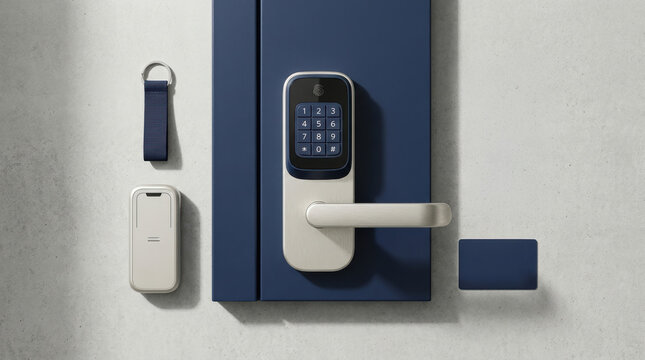 out home parcel locker collection Smart digital door lock with keypad and key fob on modern textured door