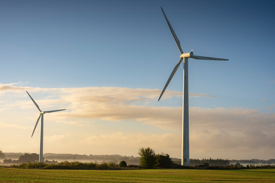 Wind turbines on a green field at sunrise