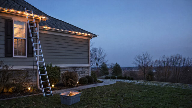 Ladder and string lights on a house gutter