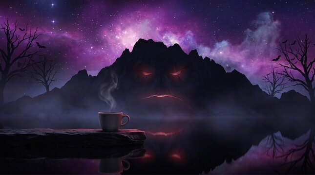 Lone coffee cup on dark ledge before glowing mountain face silhouette under nebula sky, quiet horror editorial concept with reflection and copy space.