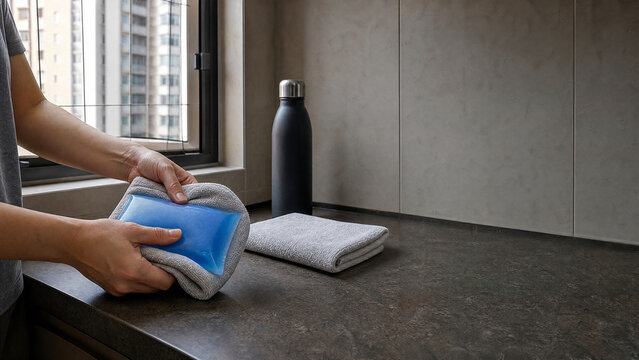 Hands wrapping an ice pack in a towel
