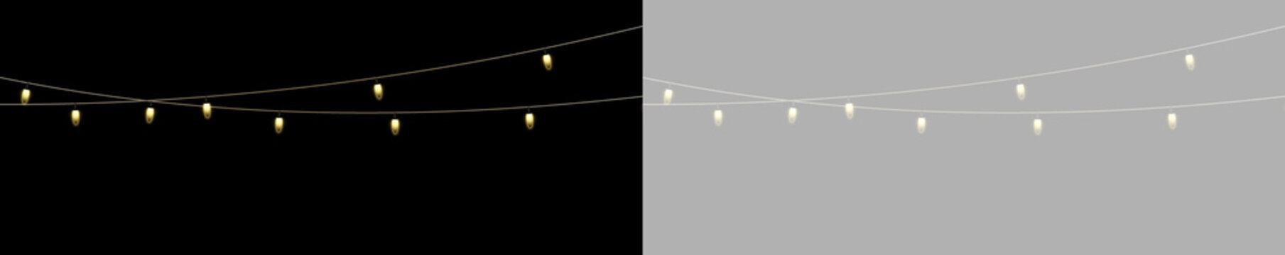 Festive LED Christmas lights garland with bright glowing bulbs and decorative wire, transparent PNG element for holiday design, advertising, invitations and social media graphics