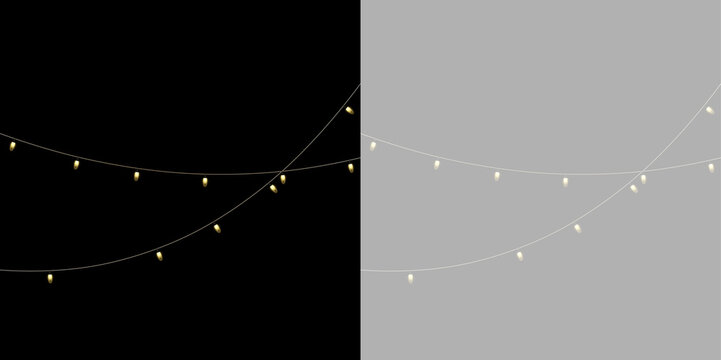 Festive Christmas LED string lights with glowing bulbs isolated on transparent background. Decorative holiday element for New Year cards, invitations, advertising and web design.