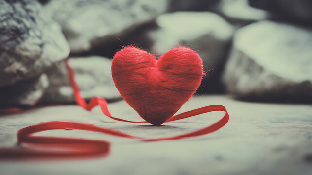 Red heart shape made of yarn thread on stone surface with romantic valentines relationship handmade background affection weddings anniversary creative ornament