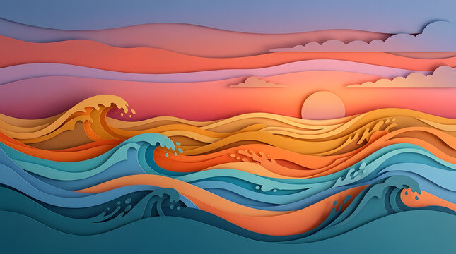 Paper cut layered ocean waves sunset illustration with copy space