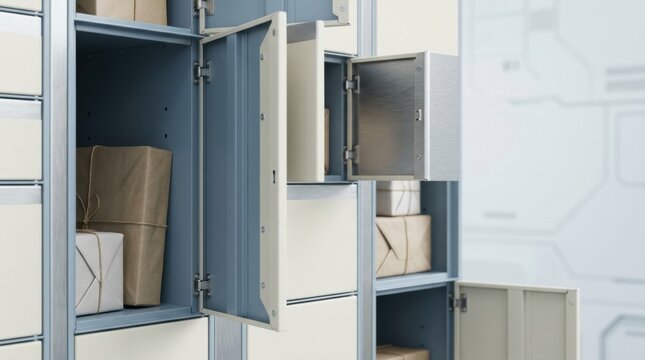 out home parcel locker collection Parcel lockers with packages inside in a modern delivery system.