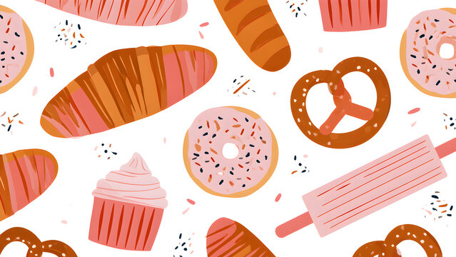 Bakery Pattern with Croissants Donuts Cupcakes and Pretzels