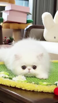 Adorable fluffy white Persian kitten sitting on a green crochet rug indoors