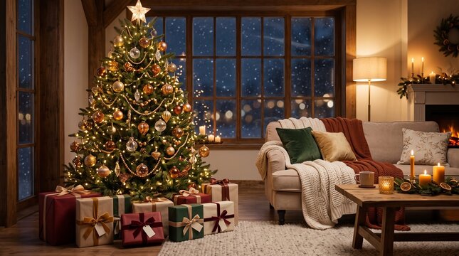 Cozy New Year living room with decorated Christmas tree, wrapped gifts, warm fairy lights, candles and snowy winter view through the window. Elegant festive holiday interior.