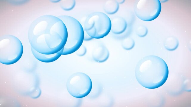 Elegant 10-second seamless looping motion graphic of 3D floating cosmetic liquid bubbles. Features a premium hyaluronic acid aesthetic with glossy reflections, refractive edges, soft peach to cyan gra
