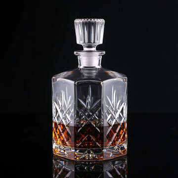 Ornate crystal whiskey decanter filled with dark amber liquid decanter beverage container stoppers brilliant reflection background celebration hospitality craftsmanship glassware drinking